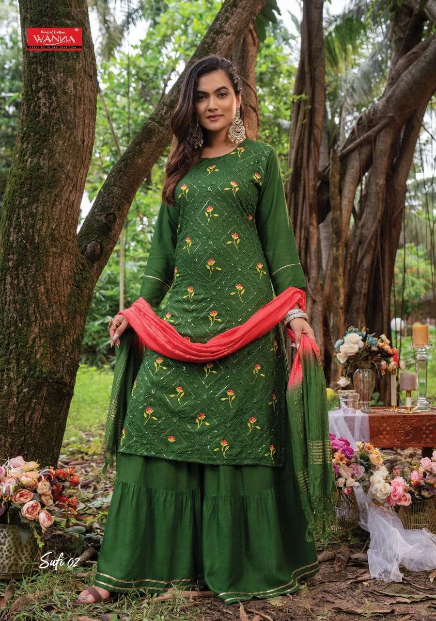 SUFI BY WANNA 01 TO 05 SERIES SHARARA SUITS BEAUTIFUL FANCY COLORFUL STYLISH PARTY WEAR & OCCASIONAL WEAR PURE RAYON DRESSES AT WHOLESALE PRICE