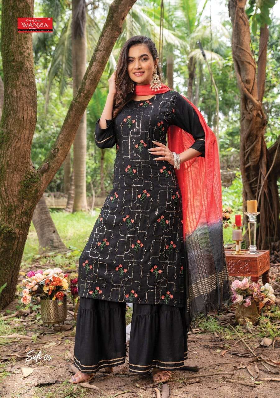 SUFI BY WANNA 01 TO 05 SERIES SHARARA SUITS BEAUTIFUL FANCY COLORFUL STYLISH PARTY WEAR & OCCASIONAL WEAR PURE RAYON DRESSES AT WHOLESALE PRICE