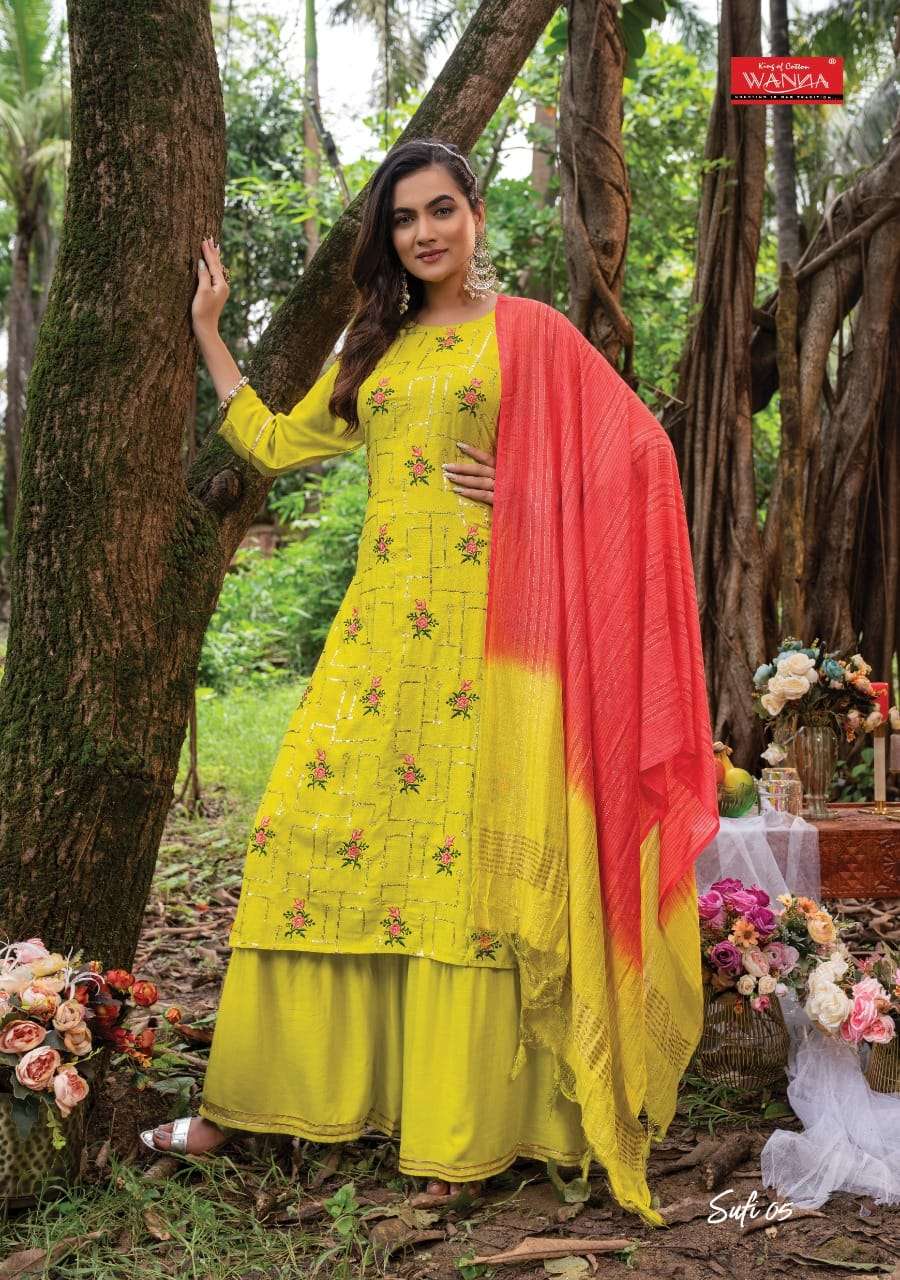 SUFI BY WANNA 01 TO 05 SERIES SHARARA SUITS BEAUTIFUL FANCY COLORFUL STYLISH PARTY WEAR & OCCASIONAL WEAR PURE RAYON DRESSES AT WHOLESALE PRICE