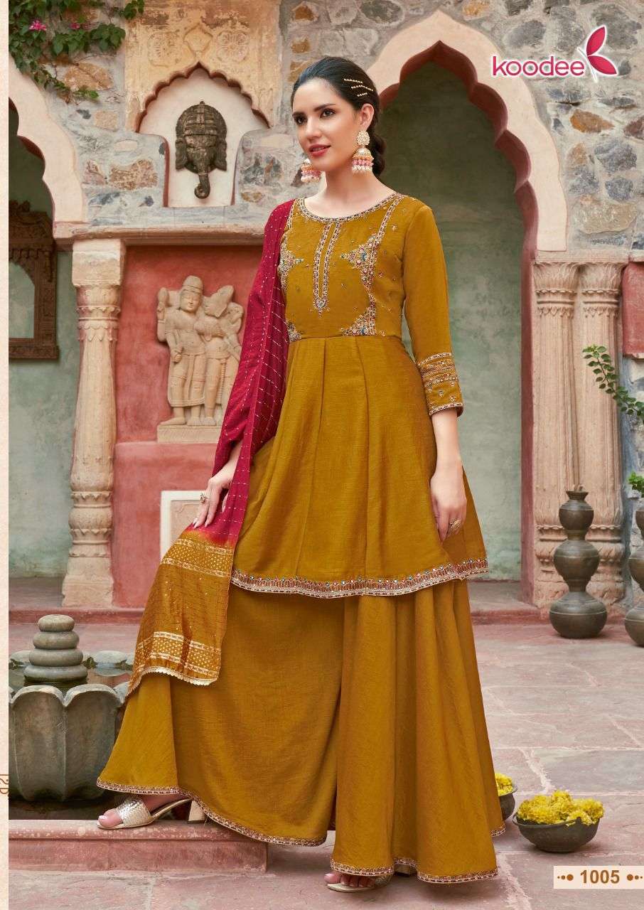 Gulabo Vol-3 By Koodee 1001 To 1006 Series Beautiful Sharara Suits Colorful Stylish Fancy Casual Wear & Ethnic Wear Viscose Strip Dresses At Wholesale Price