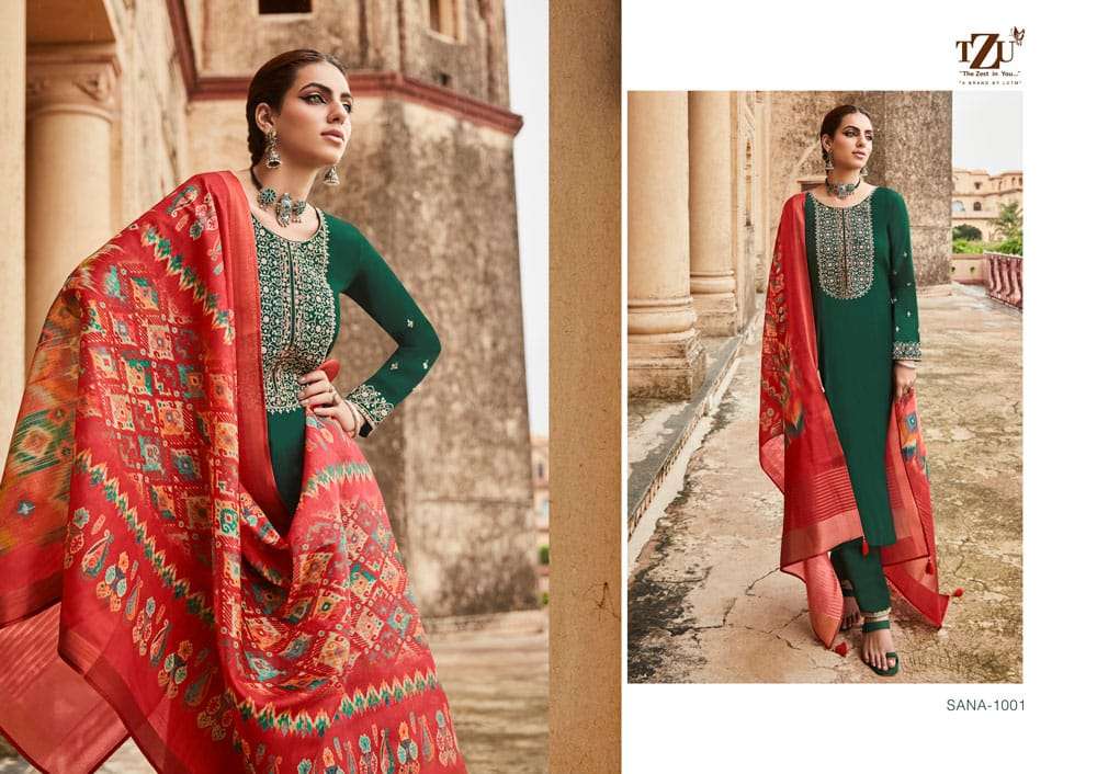 SANA BY TZU 1001 TO 1006 SERIES FESTIVE TRADITIONAL WEAR COLLECTION BEAUTIFUL STYLISH FANCY COLORFUL PARTY WEAR & OCCASIONAL WEAR SILK EMBROIDERED DRESSES AT WHOLESALE PRICE
