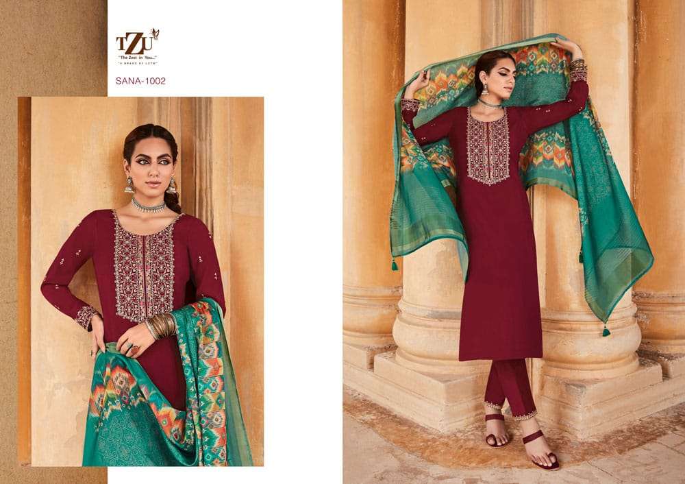 SANA BY TZU 1001 TO 1006 SERIES FESTIVE TRADITIONAL WEAR COLLECTION BEAUTIFUL STYLISH FANCY COLORFUL PARTY WEAR & OCCASIONAL WEAR SILK EMBROIDERED DRESSES AT WHOLESALE PRICE