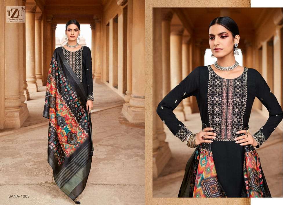 SANA BY TZU 1001 TO 1006 SERIES FESTIVE TRADITIONAL WEAR COLLECTION BEAUTIFUL STYLISH FANCY COLORFUL PARTY WEAR & OCCASIONAL WEAR SILK EMBROIDERED DRESSES AT WHOLESALE PRICE
