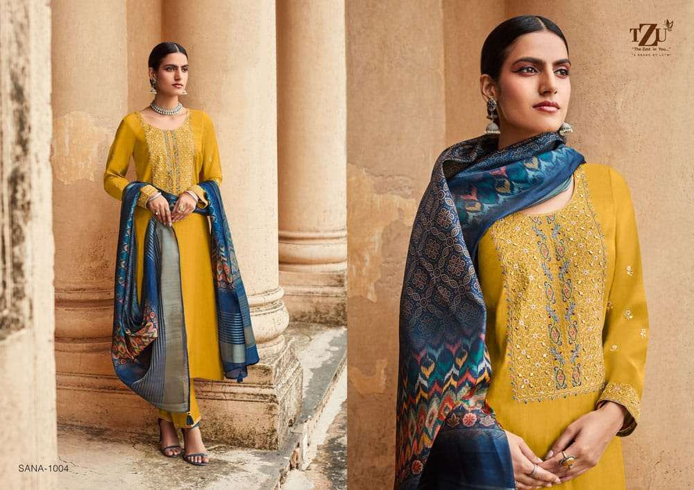 SANA BY TZU 1001 TO 1006 SERIES FESTIVE TRADITIONAL WEAR COLLECTION BEAUTIFUL STYLISH FANCY COLORFUL PARTY WEAR & OCCASIONAL WEAR SILK EMBROIDERED DRESSES AT WHOLESALE PRICE
