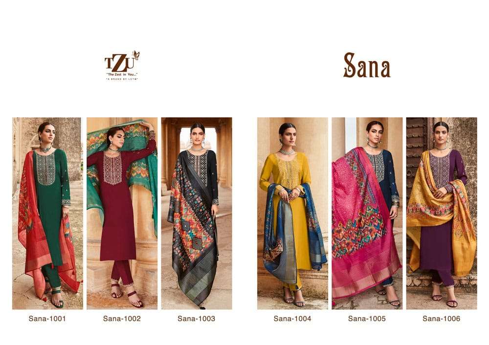 SANA BY TZU 1001 TO 1006 SERIES FESTIVE TRADITIONAL WEAR COLLECTION BEAUTIFUL STYLISH FANCY COLORFUL PARTY WEAR & OCCASIONAL WEAR SILK EMBROIDERED DRESSES AT WHOLESALE PRICE