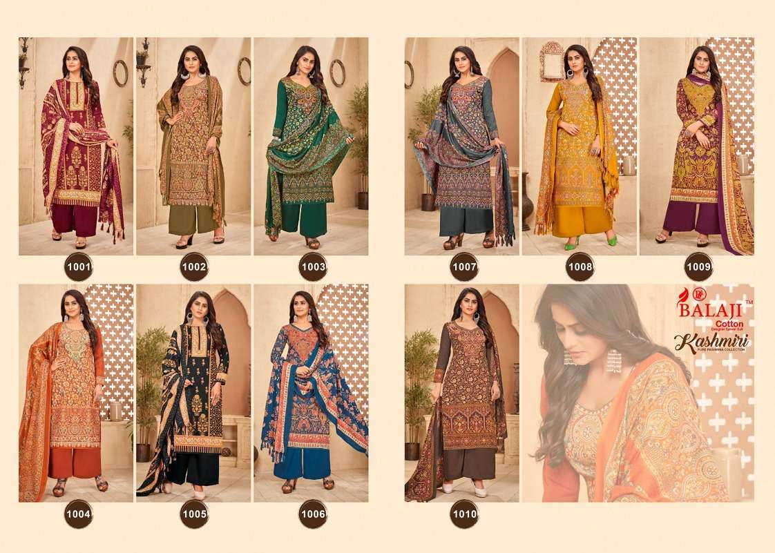 KASHMIRI BY BALAJI COTTON 1001 TO 1010 SERIES DESIGNER SUITS COLLECTION BEAUTIFUL STYLISH COLORFUL FANCY PARTY WEAR & OCCASIONAL WEAR PURE PASHMINA DRESSES AT WHOLESALE PRICE