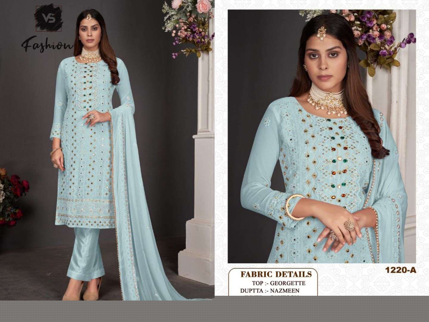 VS HIT DESIGN 1220 COLOURS BY VS FASHION 1220 TO 1220-C SERIES DESIGNER PAKISTANI SUITS BEAUTIFUL STYLISH FANCY COLORFUL PARTY WEAR & OCCASIONAL WEAR GEORGETTE EMBROIDERED DRESSES AT WHOLESALE PRICE