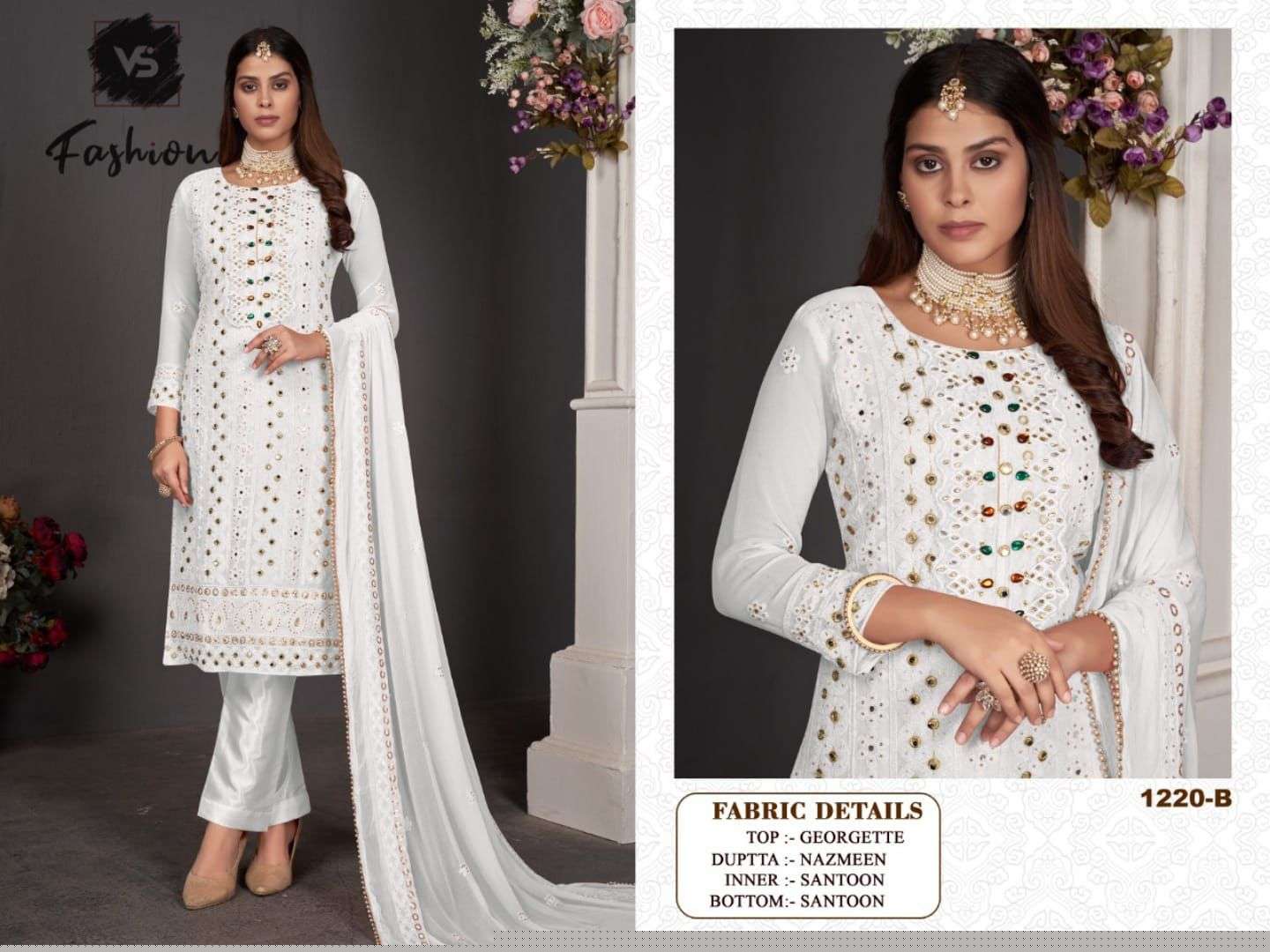 VS HIT DESIGN 1220 COLOURS BY VS FASHION 1220 TO 1220-C SERIES DESIGNER PAKISTANI SUITS BEAUTIFUL STYLISH FANCY COLORFUL PARTY WEAR & OCCASIONAL WEAR GEORGETTE EMBROIDERED DRESSES AT WHOLESALE PRICE