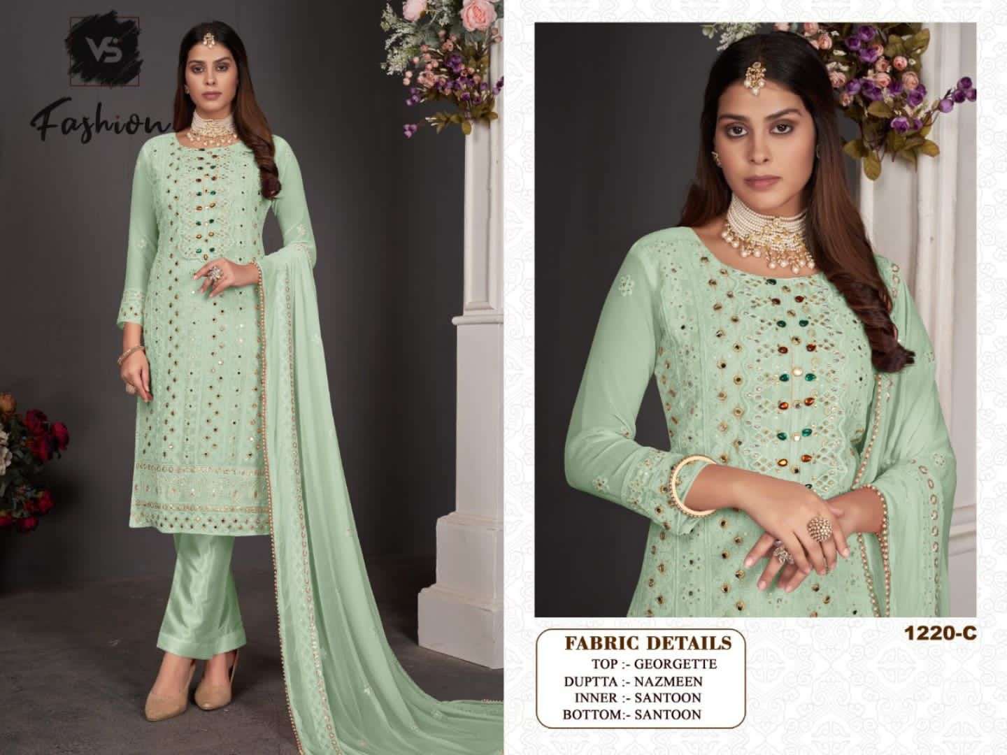 VS HIT DESIGN 1220 COLOURS BY VS FASHION 1220 TO 1220-C SERIES DESIGNER PAKISTANI SUITS BEAUTIFUL STYLISH FANCY COLORFUL PARTY WEAR & OCCASIONAL WEAR GEORGETTE EMBROIDERED DRESSES AT WHOLESALE PRICE