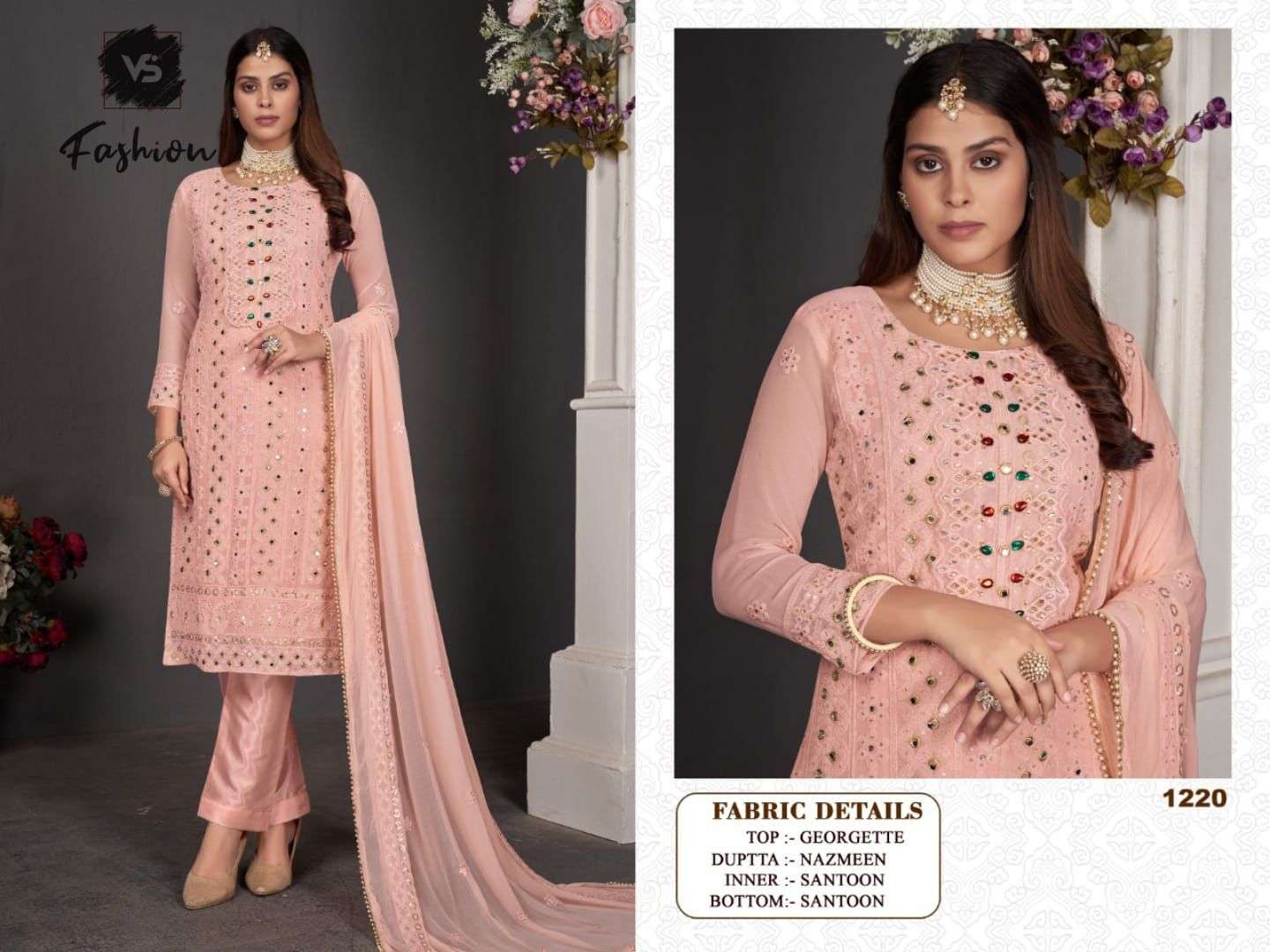 VS HIT DESIGN 1220 COLOURS BY VS FASHION 1220 TO 1220-C SERIES DESIGNER PAKISTANI SUITS BEAUTIFUL STYLISH FANCY COLORFUL PARTY WEAR & OCCASIONAL WEAR GEORGETTE EMBROIDERED DRESSES AT WHOLESALE PRICE