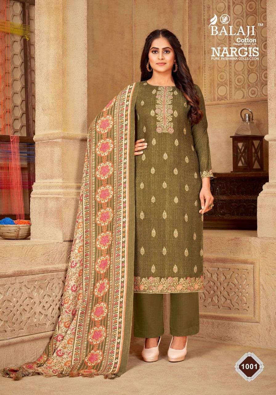 NARGIS BY BALAJI COTTON 1001 TO 1008 SERIES BEAUTIFUL SUITS COLORFUL STYLISH FANCY CASUAL WEAR & ETHNIC WEAR PURE PASHMINA DRESSES AT WHOLESALE PRICE