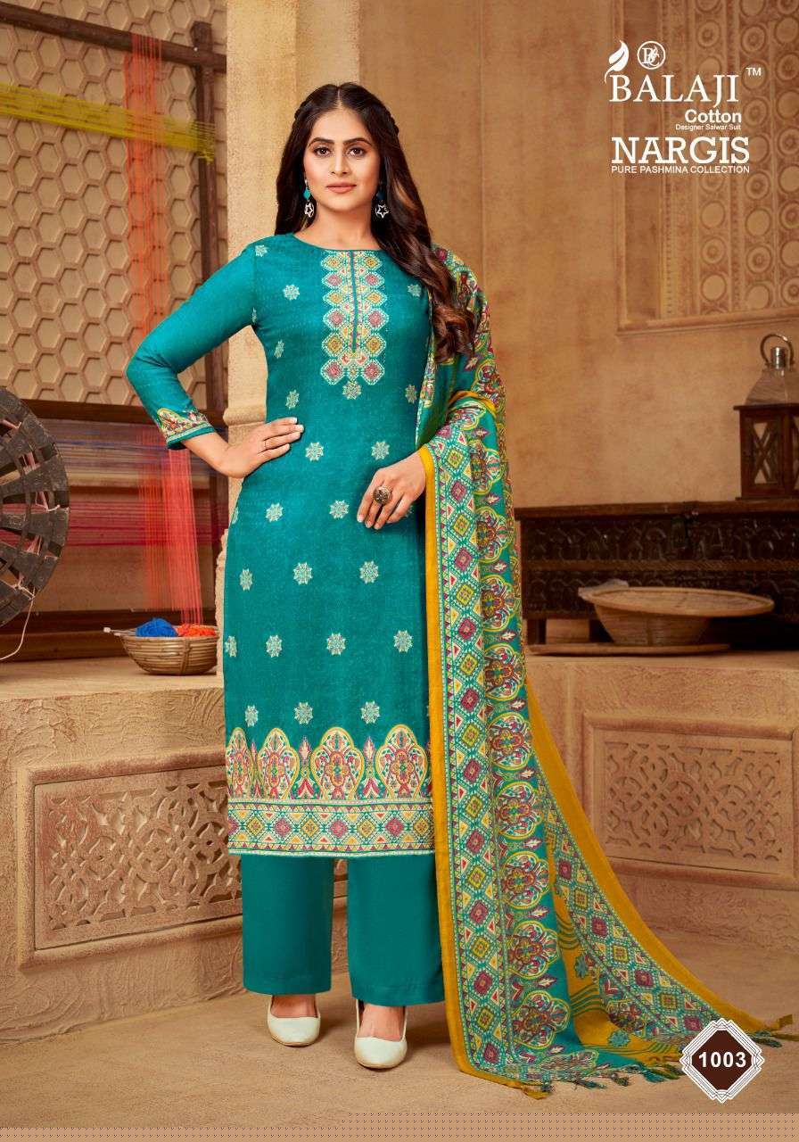 NARGIS BY BALAJI COTTON 1001 TO 1008 SERIES BEAUTIFUL SUITS COLORFUL STYLISH FANCY CASUAL WEAR & ETHNIC WEAR PURE PASHMINA DRESSES AT WHOLESALE PRICE