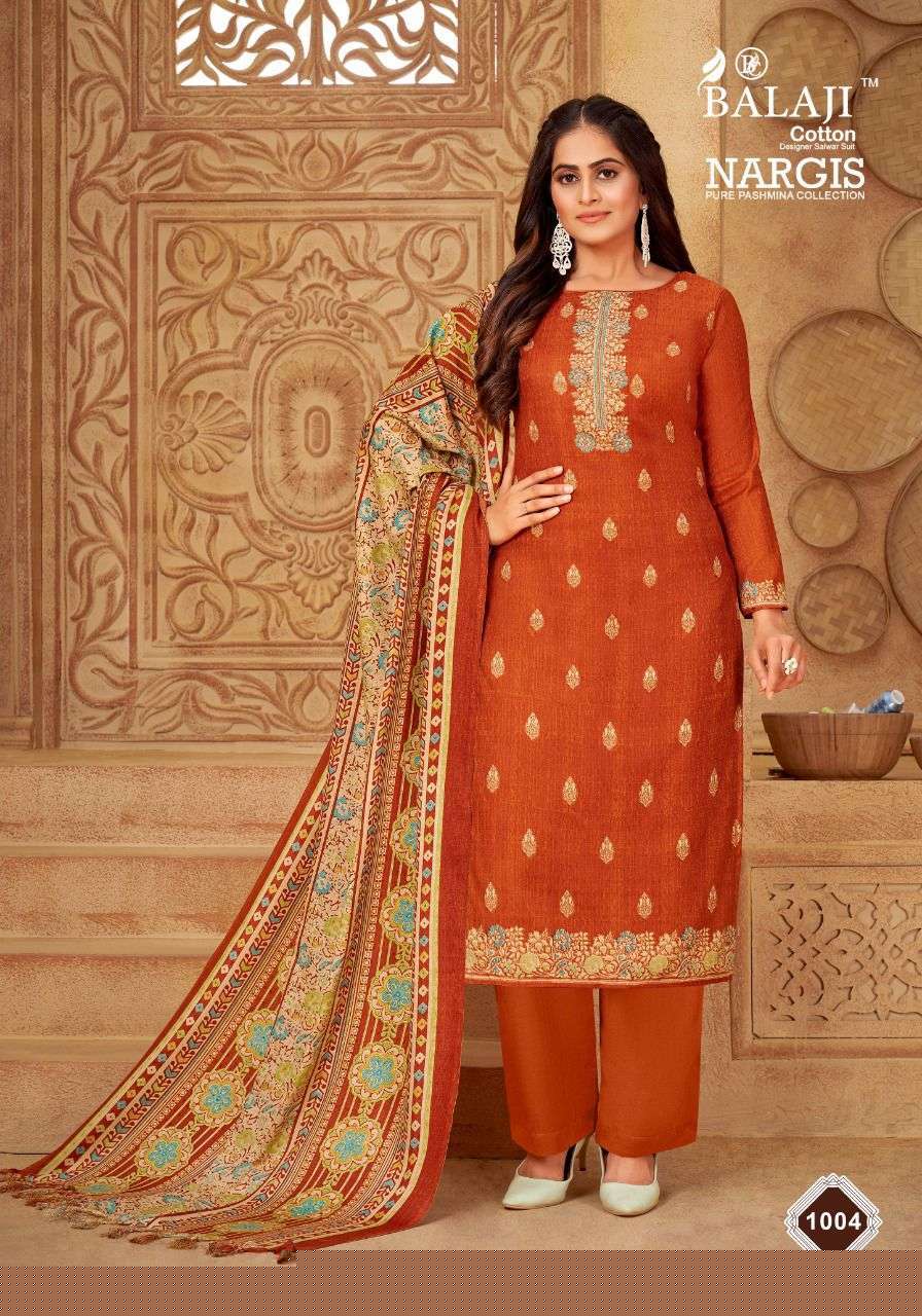 NARGIS BY BALAJI COTTON 1001 TO 1008 SERIES BEAUTIFUL SUITS COLORFUL STYLISH FANCY CASUAL WEAR & ETHNIC WEAR PURE PASHMINA DRESSES AT WHOLESALE PRICE