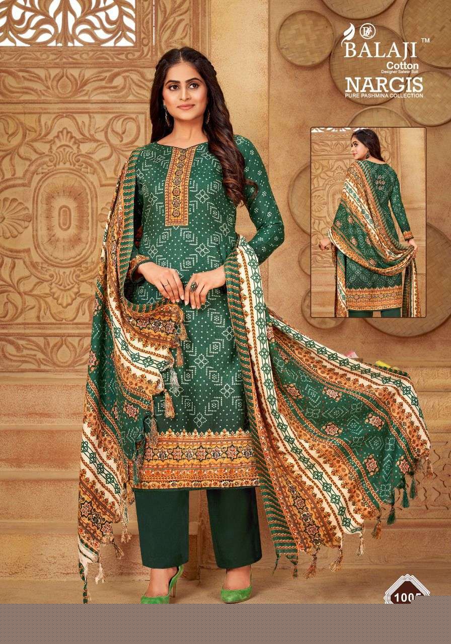 NARGIS BY BALAJI COTTON 1001 TO 1008 SERIES BEAUTIFUL SUITS COLORFUL STYLISH FANCY CASUAL WEAR & ETHNIC WEAR PURE PASHMINA DRESSES AT WHOLESALE PRICE