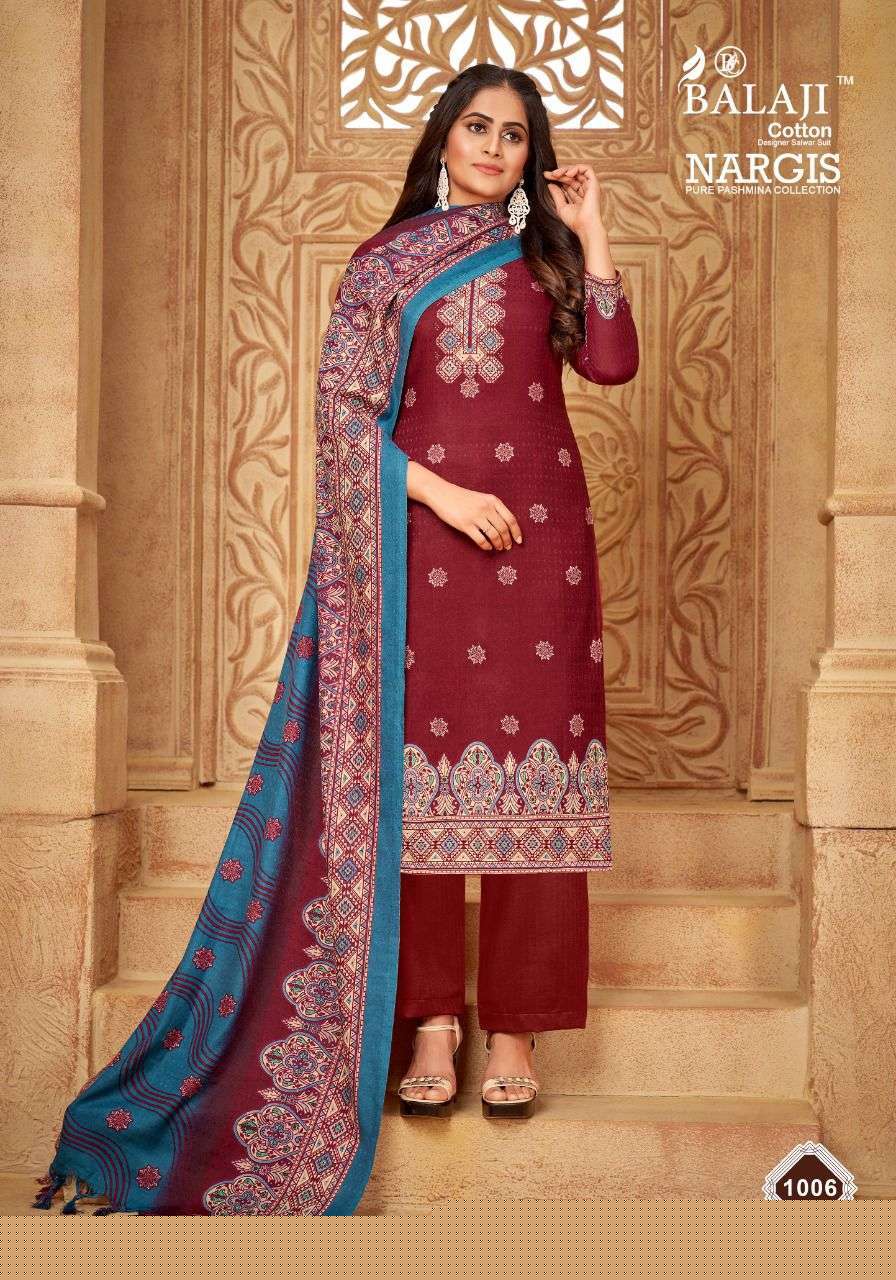 NARGIS BY BALAJI COTTON 1001 TO 1008 SERIES BEAUTIFUL SUITS COLORFUL STYLISH FANCY CASUAL WEAR & ETHNIC WEAR PURE PASHMINA DRESSES AT WHOLESALE PRICE