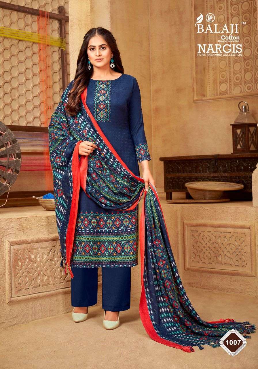 NARGIS BY BALAJI COTTON 1001 TO 1008 SERIES BEAUTIFUL SUITS COLORFUL STYLISH FANCY CASUAL WEAR & ETHNIC WEAR PURE PASHMINA DRESSES AT WHOLESALE PRICE