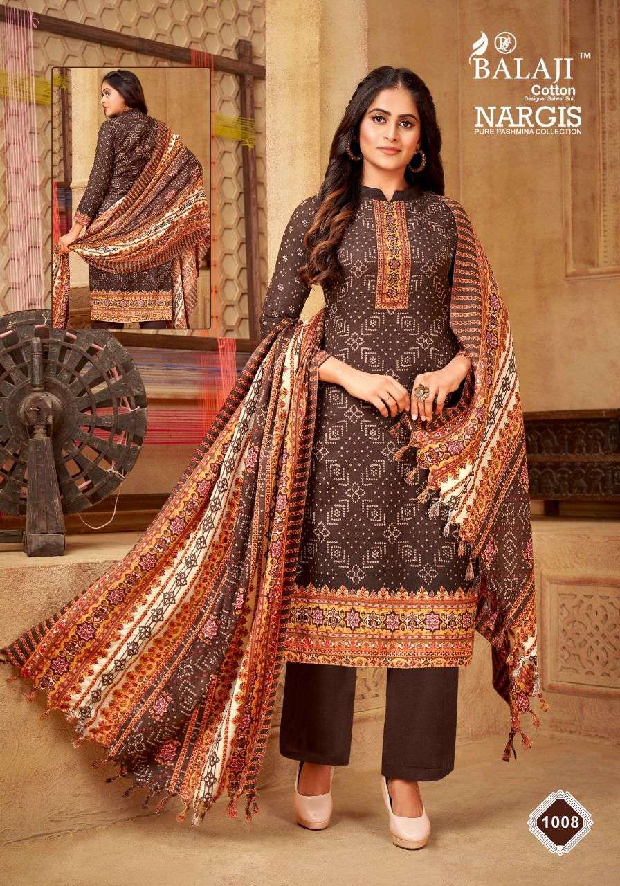 NARGIS BY BALAJI COTTON 1001 TO 1008 SERIES BEAUTIFUL SUITS COLORFUL STYLISH FANCY CASUAL WEAR & ETHNIC WEAR PURE PASHMINA DRESSES AT WHOLESALE PRICE