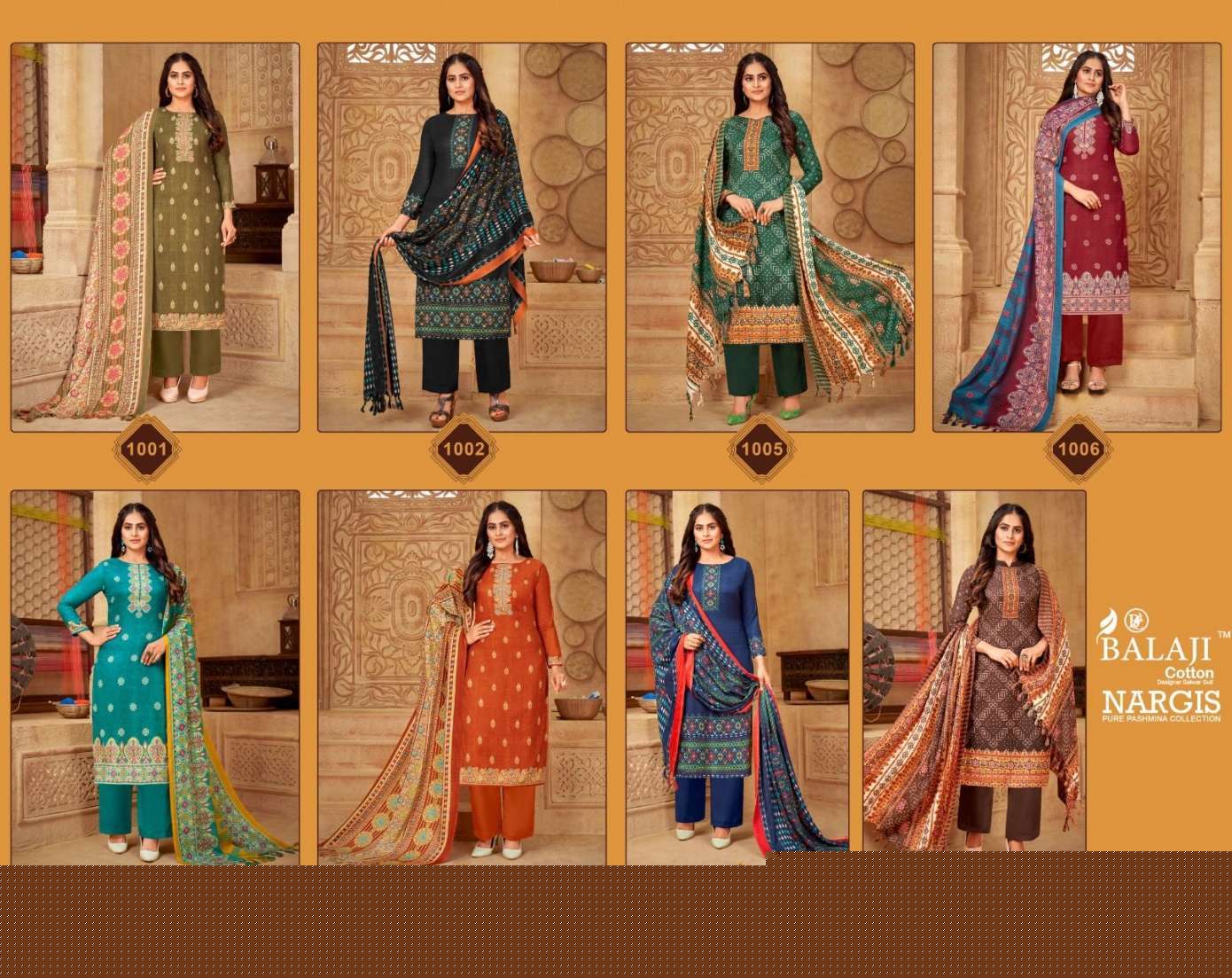 NARGIS BY BALAJI COTTON 1001 TO 1008 SERIES BEAUTIFUL SUITS COLORFUL STYLISH FANCY CASUAL WEAR & ETHNIC WEAR PURE PASHMINA DRESSES AT WHOLESALE PRICE