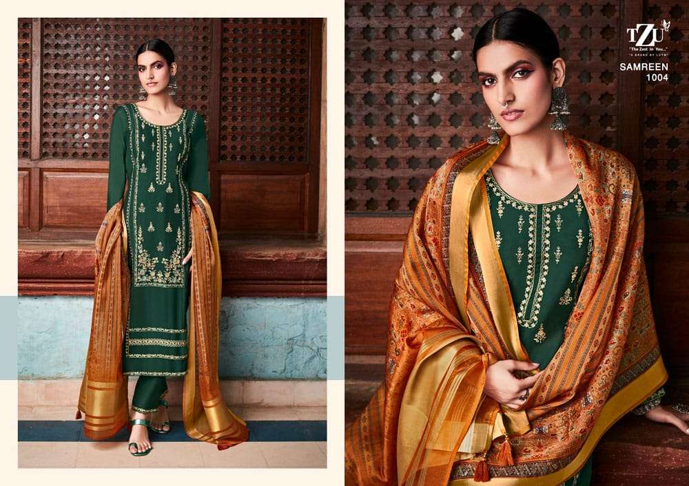 SAMREEN BY TZU 1001 TO 1006 SERIES FESTIVE TRADITIONAL WEAR COLLECTION BEAUTIFUL STYLISH FANCY COLORFUL PARTY WEAR & OCCASIONAL WEAR SILK DRESSES AT WHOLESALE PRICE