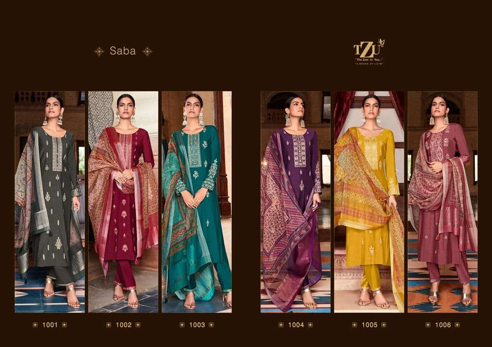 SABA BY TZU 1001 TO 1006 SERIES FESTIVE TRADITIONAL WEAR COLLECTION BEAUTIFUL STYLISH FANCY COLORFUL PARTY WEAR & OCCASIONAL WEAR SILK DRESSES AT WHOLESALE PRICE