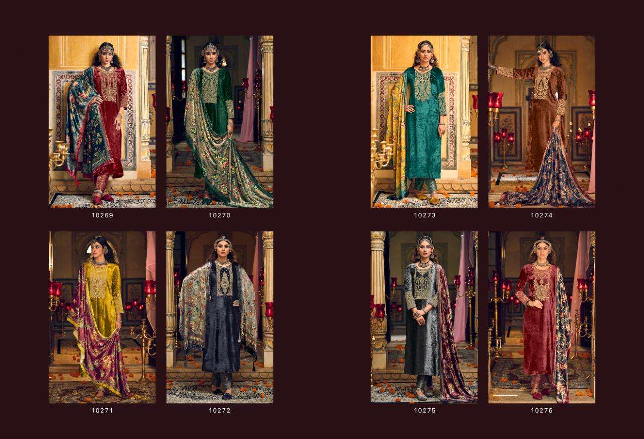 MAKHMALY QUEEN BY CINDERELLA 10269 TO 10276 SERIES BEAUTIFUL SUITS STYLISH COLORFUL FANCY CASUAL WEAR & ETHNIC WEAR PURE VISCOSE VELVET EMBROIDERED DRESSES AT WHOLESALE PRICE