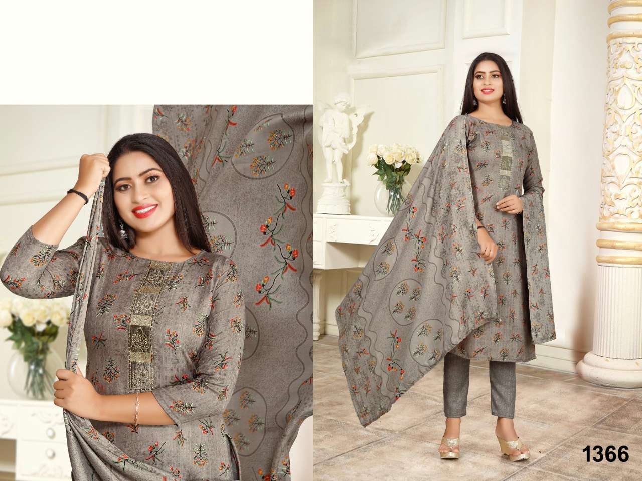 NAZMEEN 1366 BY HEER 1366 TO 1369 SERIES BEAUTIFUL SUITS STYLISH COLORFUL FANCY CASUAL WEAR & ETHNIC WEAR COMPRICES OF PASHMINA DRESSES AT WHOLESALE PRICE