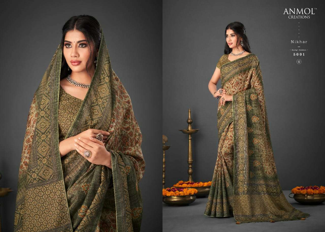 NIKHAR BY ANMOL CREATION 5001 TO 5014 SERIES INDIAN TRADITIONAL WEAR COLLECTION BEAUTIFUL STYLISH FANCY COLORFUL PARTY WEAR & OCCASIONAL WEAR SILK SAREES AT WHOLESALE PRICE