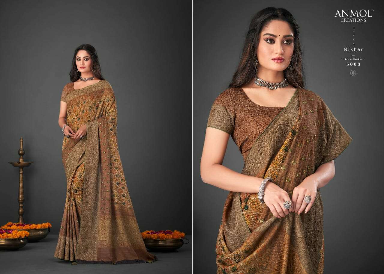 NIKHAR BY ANMOL CREATION 5001 TO 5014 SERIES INDIAN TRADITIONAL WEAR COLLECTION BEAUTIFUL STYLISH FANCY COLORFUL PARTY WEAR & OCCASIONAL WEAR SILK SAREES AT WHOLESALE PRICE
