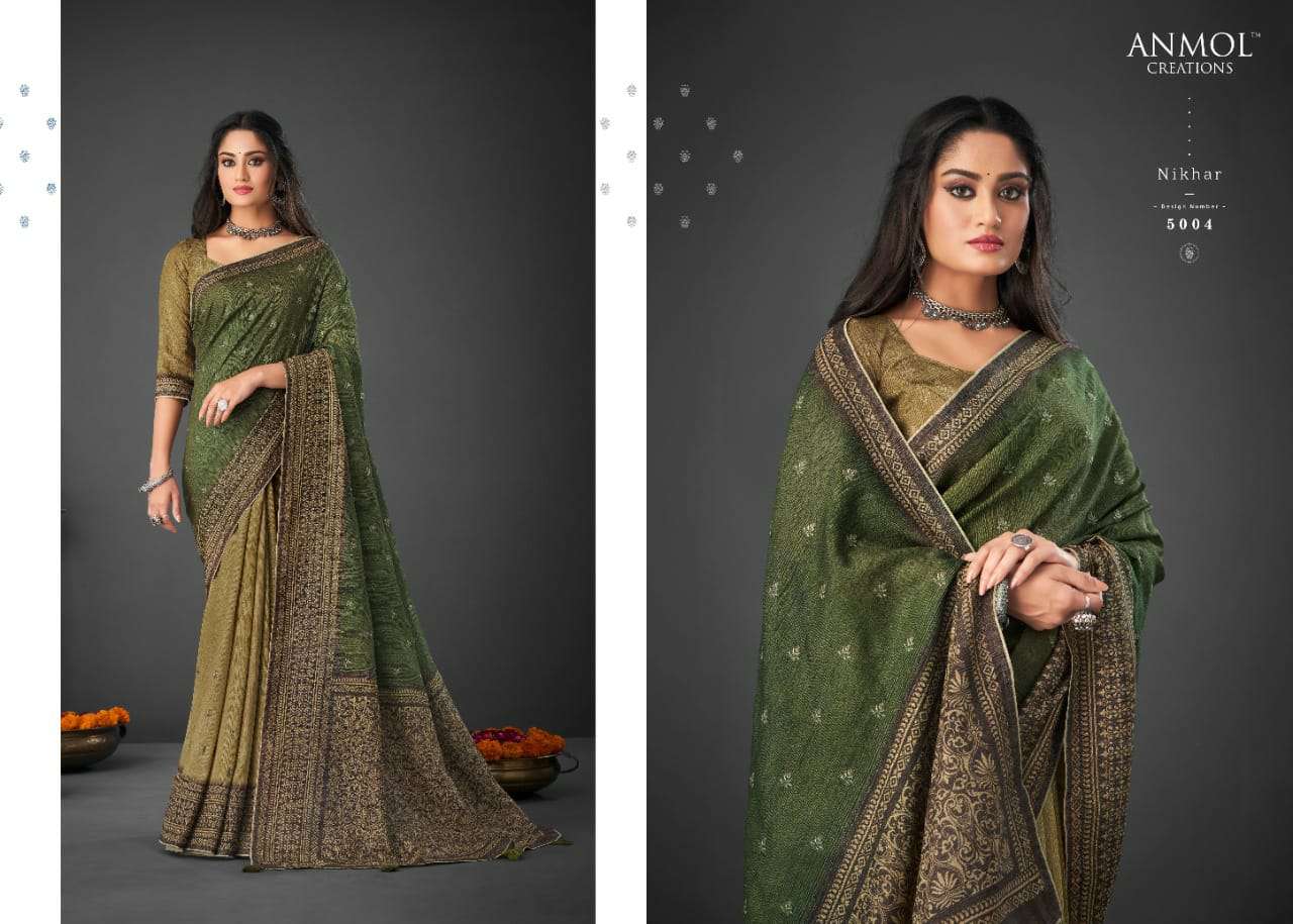 NIKHAR BY ANMOL CREATION 5001 TO 5014 SERIES INDIAN TRADITIONAL WEAR COLLECTION BEAUTIFUL STYLISH FANCY COLORFUL PARTY WEAR & OCCASIONAL WEAR SILK SAREES AT WHOLESALE PRICE