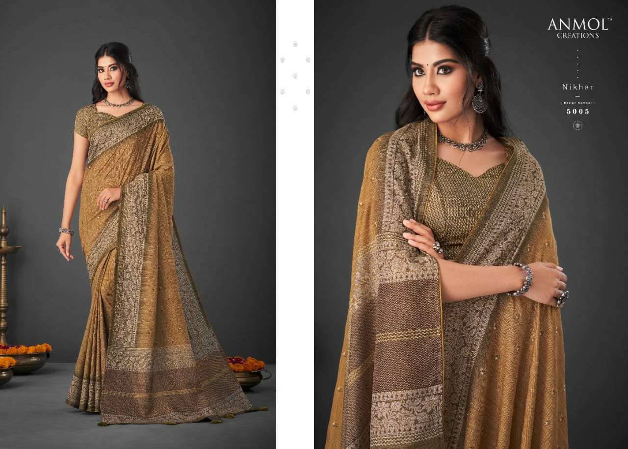 NIKHAR BY ANMOL CREATION 5001 TO 5014 SERIES INDIAN TRADITIONAL WEAR COLLECTION BEAUTIFUL STYLISH FANCY COLORFUL PARTY WEAR & OCCASIONAL WEAR SILK SAREES AT WHOLESALE PRICE