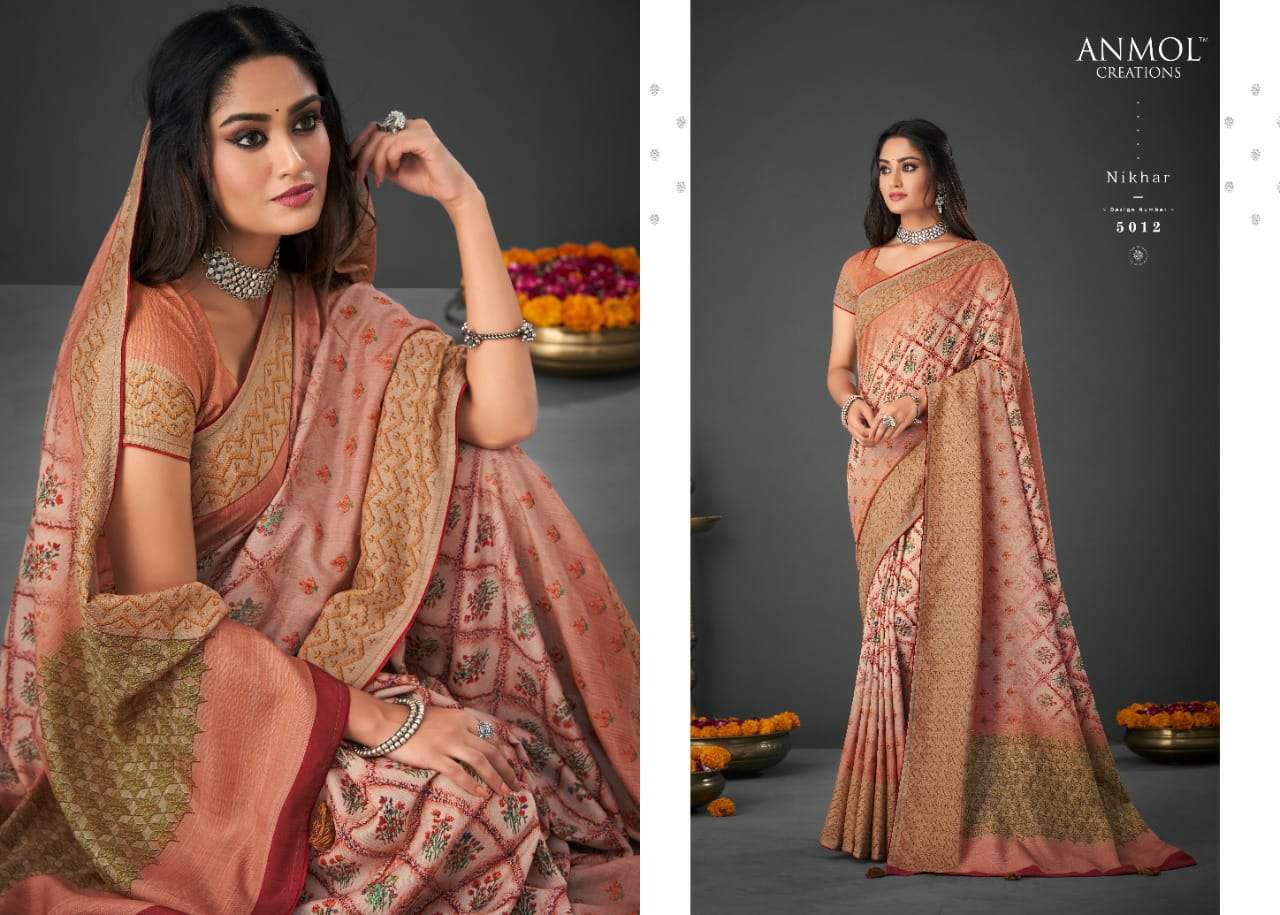 NIKHAR BY ANMOL CREATION 5001 TO 5014 SERIES INDIAN TRADITIONAL WEAR COLLECTION BEAUTIFUL STYLISH FANCY COLORFUL PARTY WEAR & OCCASIONAL WEAR SILK SAREES AT WHOLESALE PRICE