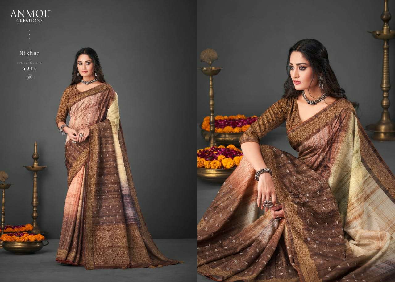 NIKHAR BY ANMOL CREATION 5001 TO 5014 SERIES INDIAN TRADITIONAL WEAR COLLECTION BEAUTIFUL STYLISH FANCY COLORFUL PARTY WEAR & OCCASIONAL WEAR SILK SAREES AT WHOLESALE PRICE