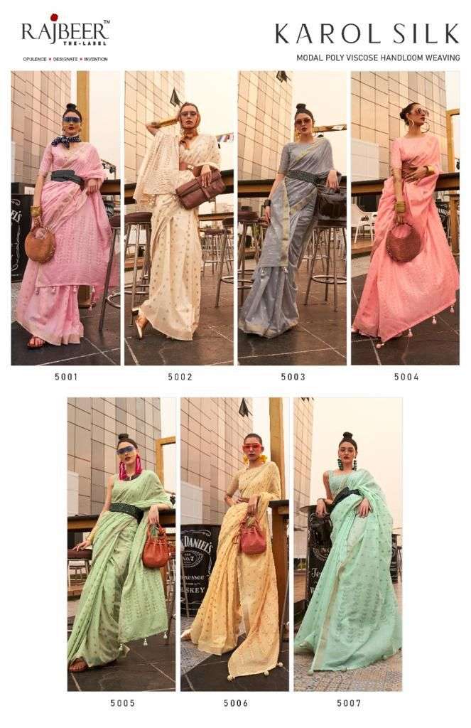Karol Silk By Rajbeer 5001 To 5007 Series Indian Traditional Wear Collection Beautiful Stylish Fancy Colorful Party Wear & Occasional Wear Fancy Sarees At Wholesale Price