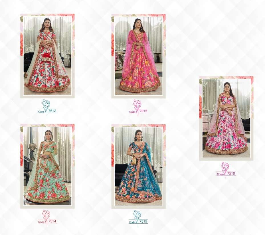 Carnations Vol-2 By Zeel Clothing 7512 To 7516 Series Indian Traditional Beautiful Stylish Designer Banarasi Silk Jacquard Embroidered Party Wear Art Silk Lehengas At Wholesale Price