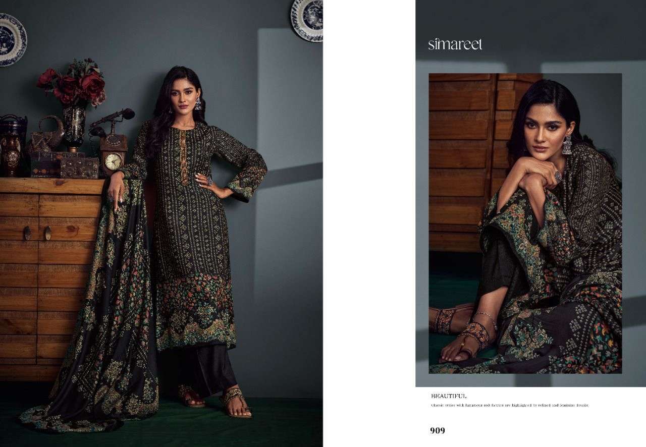 SHIFANA BY SIMAREET 909 TO 914 SERIES BEAUTIFUL SUITS STYLISH FANCY COLORFUL PARTY WEAR & OCCASIONAL WEAR PURE PASHMINA DIGITAL PRINTED DRESSES AT WHOLESALE PRICE