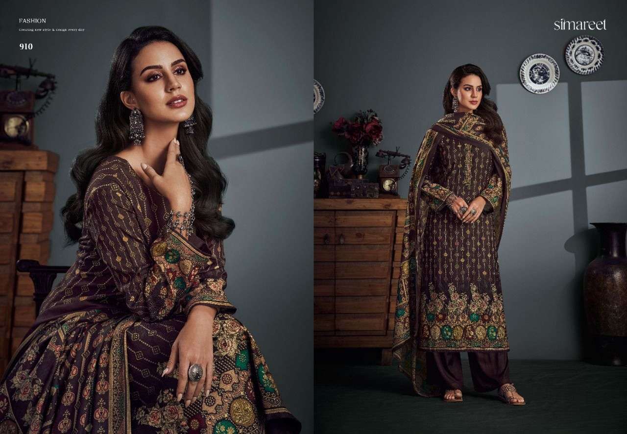 SHIFANA BY SIMAREET 909 TO 914 SERIES BEAUTIFUL SUITS STYLISH FANCY COLORFUL PARTY WEAR & OCCASIONAL WEAR PURE PASHMINA DIGITAL PRINTED DRESSES AT WHOLESALE PRICE