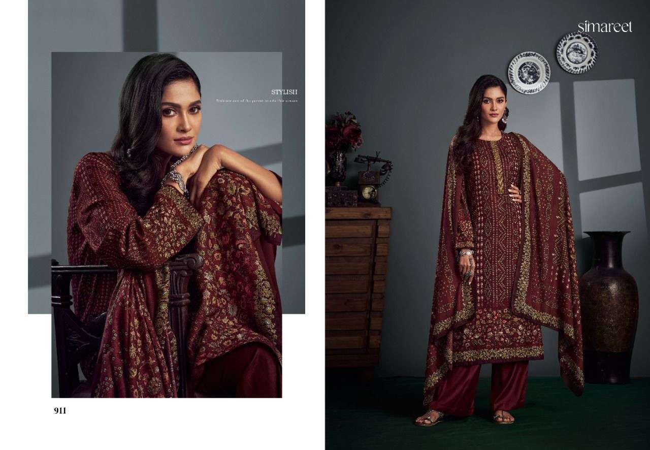 SHIFANA BY SIMAREET 909 TO 914 SERIES BEAUTIFUL SUITS STYLISH FANCY COLORFUL PARTY WEAR & OCCASIONAL WEAR PURE PASHMINA DIGITAL PRINTED DRESSES AT WHOLESALE PRICE