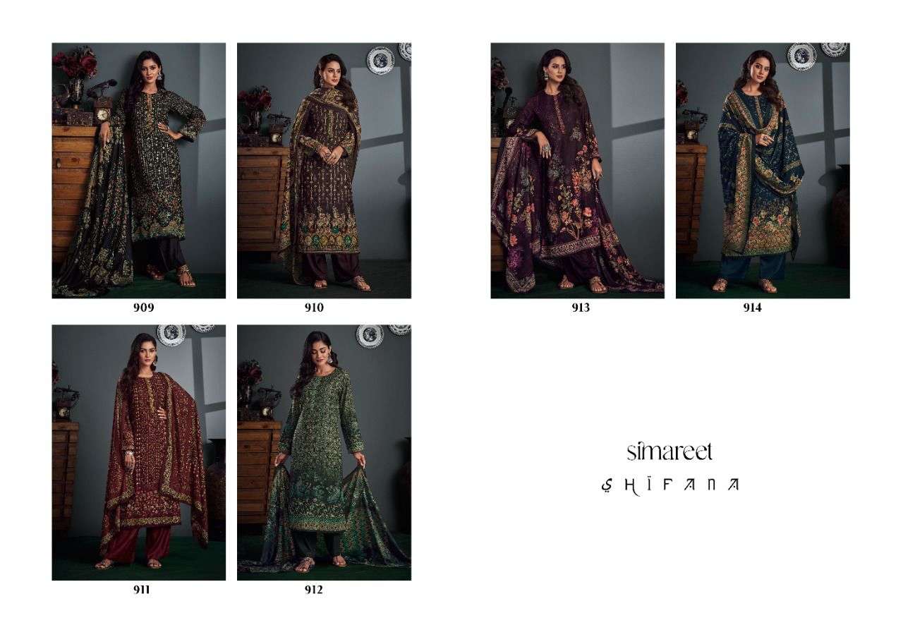 SHIFANA BY SIMAREET 909 TO 914 SERIES BEAUTIFUL SUITS STYLISH FANCY COLORFUL PARTY WEAR & OCCASIONAL WEAR PURE PASHMINA DIGITAL PRINTED DRESSES AT WHOLESALE PRICE
