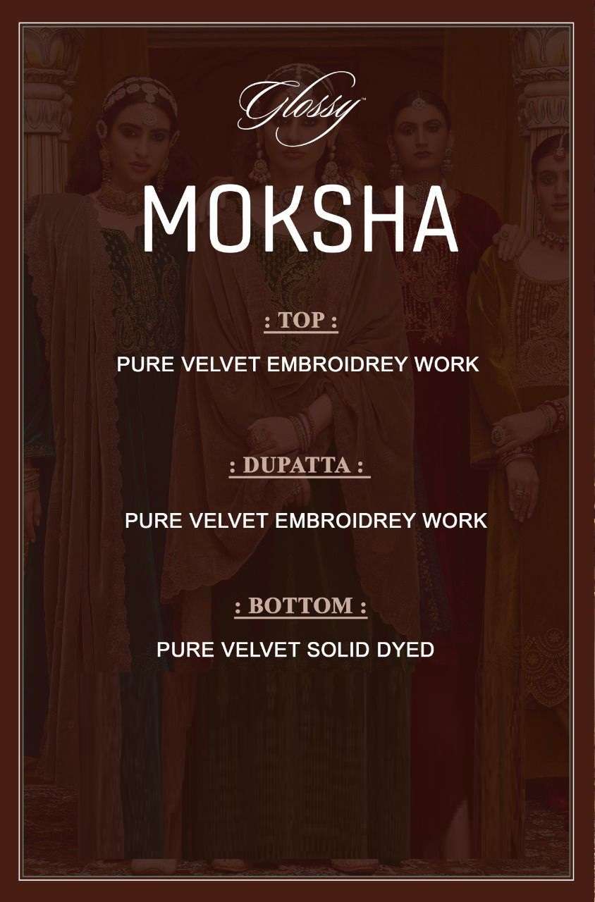 MOKSHA BY GLOSSY 8901 TO 8906 SERIES BEAUTIFUL STYLISH SUITS FANCY COLORFUL CASUAL WEAR & ETHNIC WEAR & READY TO WEAR PURE VELVET EMBROIDERED DRESSES AT WHOLESALE PRICE