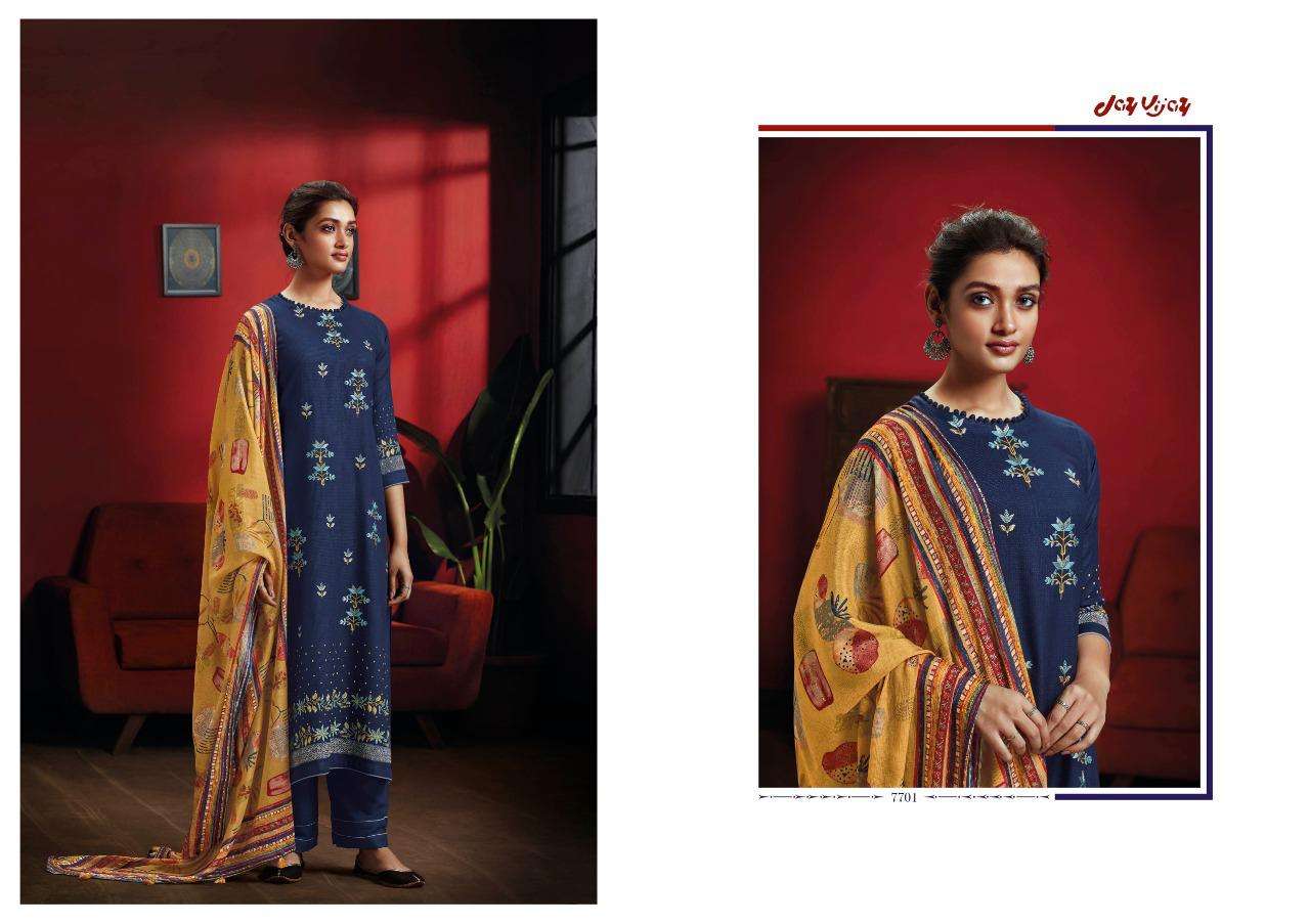 DASTOOR BY JAY VIJAY PRINTS 7701 TO 7707 SERIES INDIAN SUITS BEAUTIFUL FANCY COLORFUL STYLISH PARTY WEAR & OCCASIONAL WEAR PURE RAYON EMBROIDERY DRESSES AT WHOLESALE PRICE