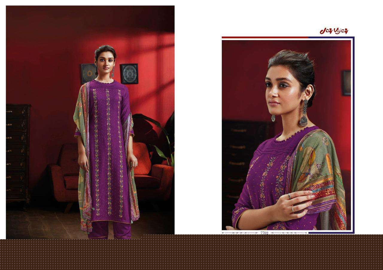 DASTOOR BY JAY VIJAY PRINTS 7701 TO 7707 SERIES INDIAN SUITS BEAUTIFUL FANCY COLORFUL STYLISH PARTY WEAR & OCCASIONAL WEAR PURE RAYON EMBROIDERY DRESSES AT WHOLESALE PRICE