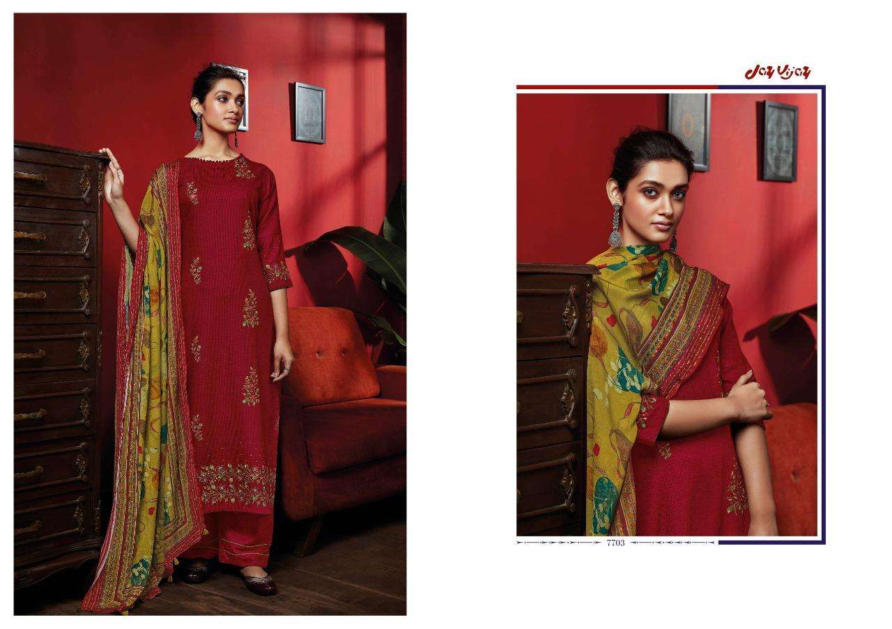 DASTOOR BY JAY VIJAY PRINTS 7701 TO 7707 SERIES INDIAN SUITS BEAUTIFUL FANCY COLORFUL STYLISH PARTY WEAR & OCCASIONAL WEAR PURE RAYON EMBROIDERY DRESSES AT WHOLESALE PRICE