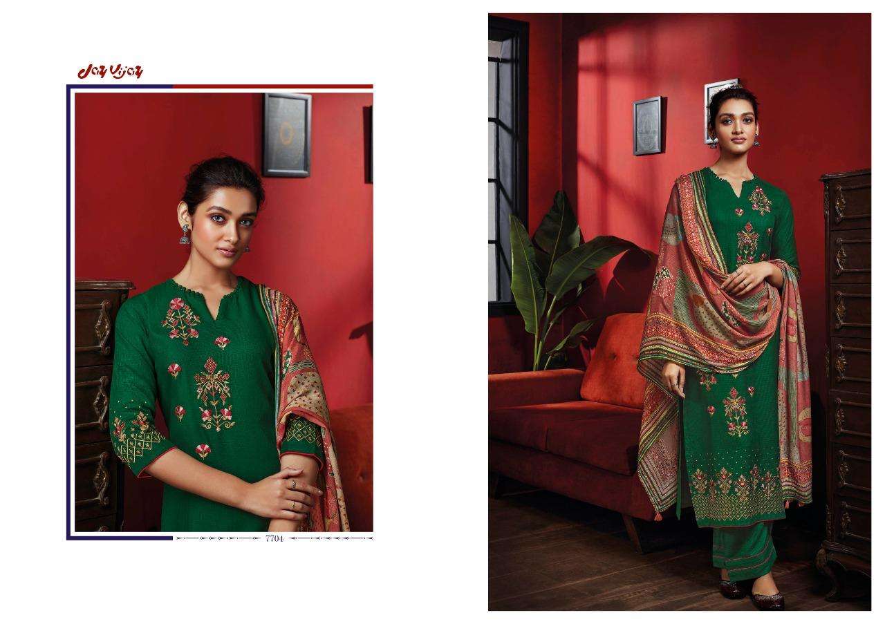 DASTOOR BY JAY VIJAY PRINTS 7701 TO 7707 SERIES INDIAN SUITS BEAUTIFUL FANCY COLORFUL STYLISH PARTY WEAR & OCCASIONAL WEAR PURE RAYON EMBROIDERY DRESSES AT WHOLESALE PRICE