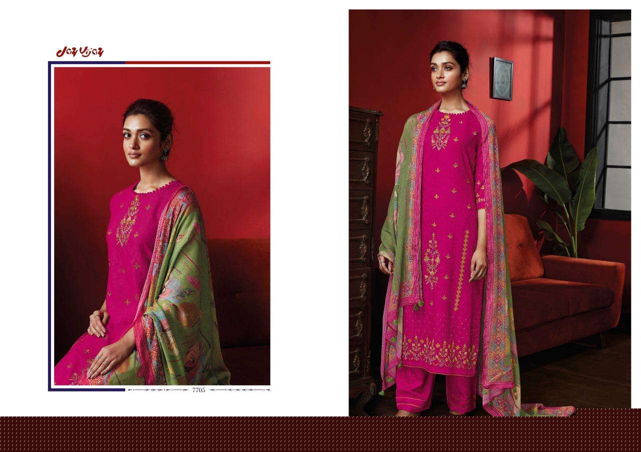 DASTOOR BY JAY VIJAY PRINTS 7701 TO 7707 SERIES INDIAN SUITS BEAUTIFUL FANCY COLORFUL STYLISH PARTY WEAR & OCCASIONAL WEAR PURE RAYON EMBROIDERY DRESSES AT WHOLESALE PRICE