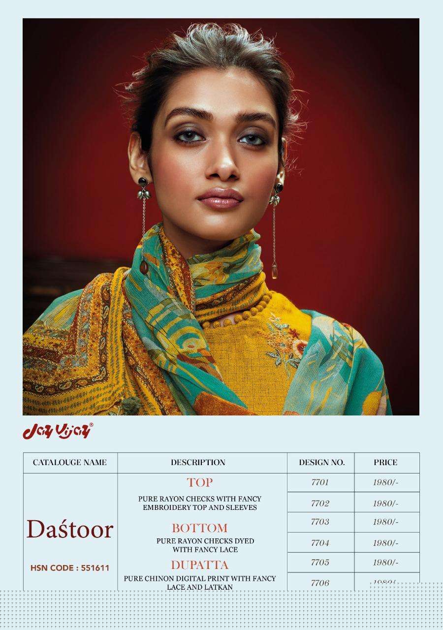 DASTOOR BY JAY VIJAY PRINTS 7701 TO 7707 SERIES INDIAN SUITS BEAUTIFUL FANCY COLORFUL STYLISH PARTY WEAR & OCCASIONAL WEAR PURE RAYON EMBROIDERY DRESSES AT WHOLESALE PRICE