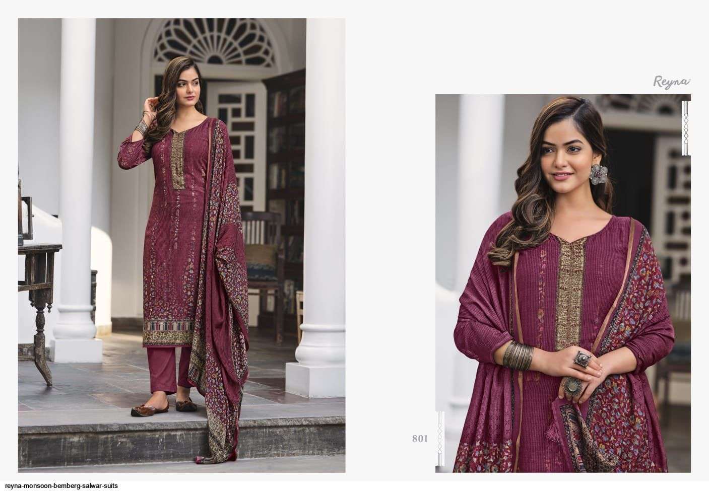 MONSOON BY REYNA 801 TO 807 SERIES INDIAN SUITS BEAUTIFUL FANCY COLORFUL STYLISH PARTY WEAR & OCCASIONAL WEAR PURE BEMBERG SILK DRESSES AT WHOLESALE PRICE