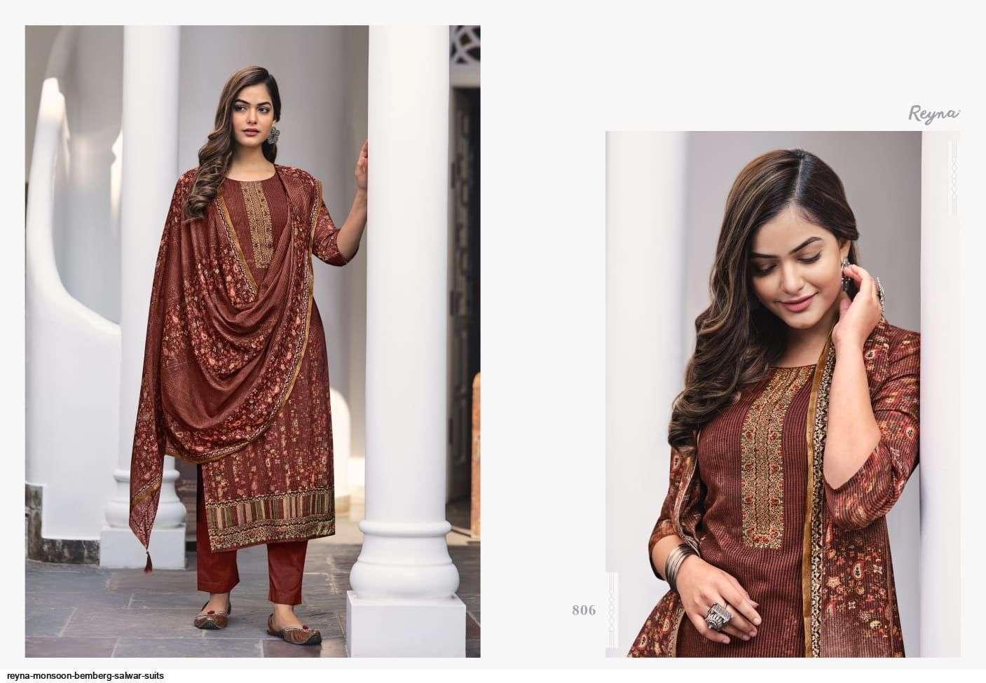 MONSOON BY REYNA 801 TO 807 SERIES INDIAN SUITS BEAUTIFUL FANCY COLORFUL STYLISH PARTY WEAR & OCCASIONAL WEAR PURE BEMBERG SILK DRESSES AT WHOLESALE PRICE