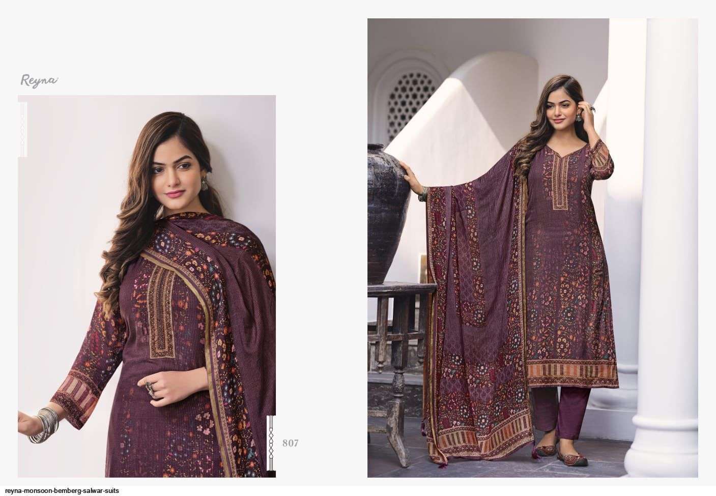 MONSOON BY REYNA 801 TO 807 SERIES INDIAN SUITS BEAUTIFUL FANCY COLORFUL STYLISH PARTY WEAR & OCCASIONAL WEAR PURE BEMBERG SILK DRESSES AT WHOLESALE PRICE