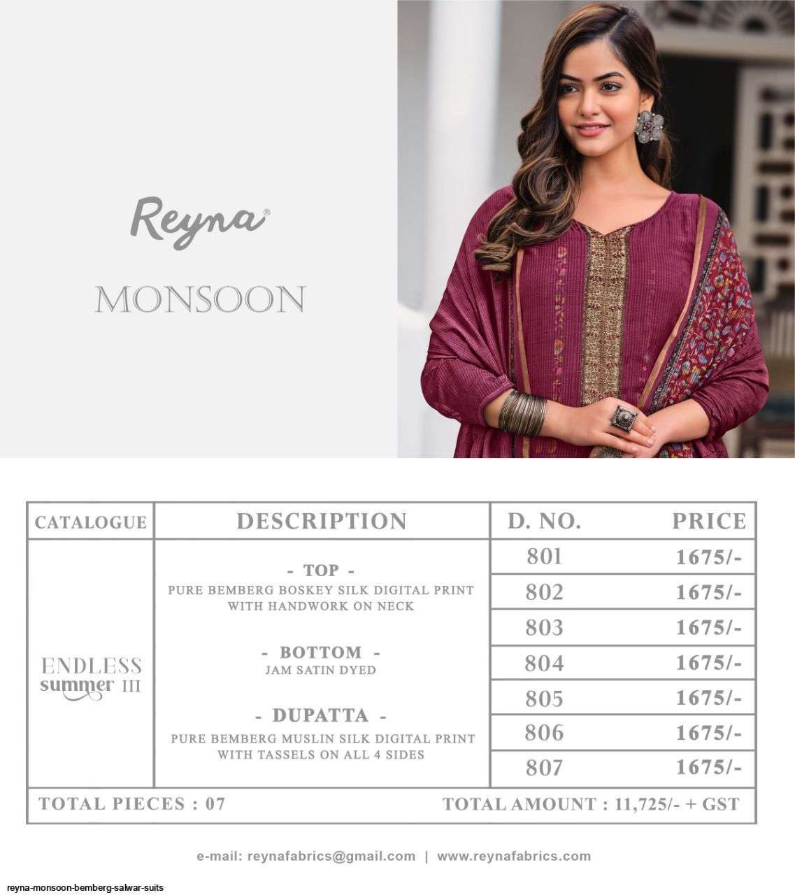 MONSOON BY REYNA 801 TO 807 SERIES INDIAN SUITS BEAUTIFUL FANCY COLORFUL STYLISH PARTY WEAR & OCCASIONAL WEAR PURE BEMBERG SILK DRESSES AT WHOLESALE PRICE