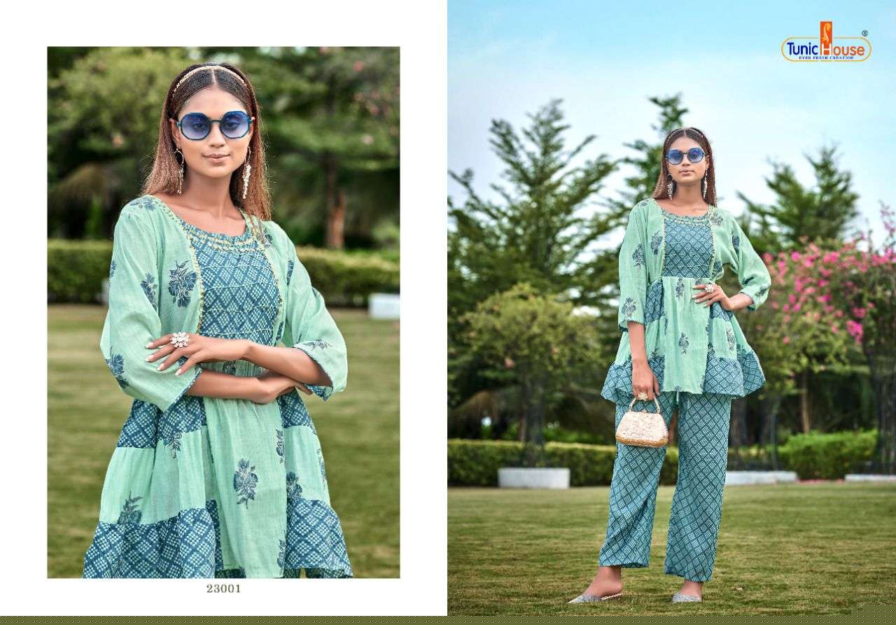 FUSHION BY TUNIC HOUSE 23001 TO 23004 SERIES DESIGNER STYLISH FANCY COLORFUL BEAUTIFUL PARTY WEAR & ETHNIC WEAR COLLECTION MUSLIN SILK TOPS WITH BOTTOM AT WHOLESALE PRICE